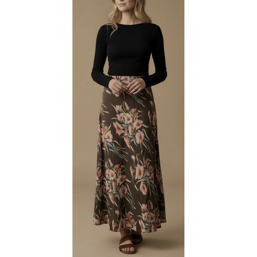 VTG Jones New York 100% Silk Floral Maxi Skirt 12 Brown Pink Cottagecore Fairy